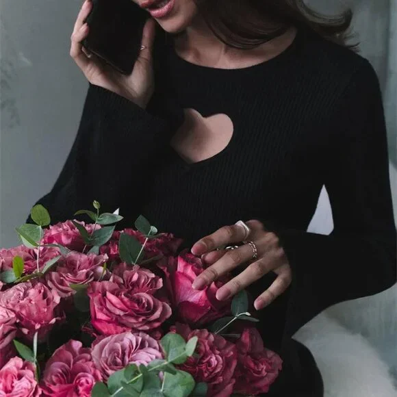 Heart Knit Hollow-Out Sweater with Flare Sleeves - Picture 5 of 6